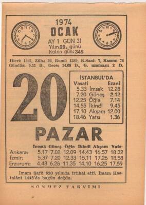 20 Ocak 1974 Takvim Yaprağı EFM(N)4883 - 1