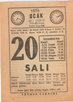 20 Ocak 1976 Takvim Yaprağı EFM(N)4821 - 1