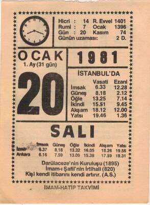 20 Ocak 1981 Takvim Yaprağı EFM(N)4666 - 1