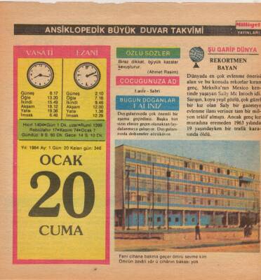 20 Ocak 1984 Takvim Yaprağı EFM(N)4635 - 1