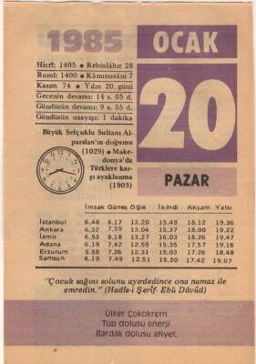 20 Ocak 1985 Takvim Yaprağı EFM(N)4790 - 1