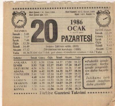 20 Ocak 1986 Takvim Yaprağı EFM(N)5038 - 1