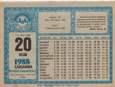 20 Ocak 1988 Takvim Yaprağı EFM(N)4914 - 1