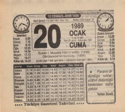 20 Ocak 1989 Takvim Yaprağı EFM(N)4728 - 1