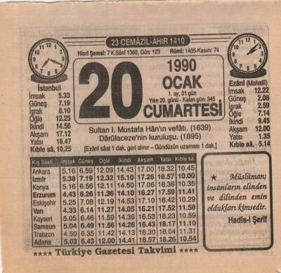 20 Ocak 1990 Takvim Yaprağı EFM(N)4697 - 1