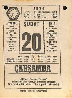 20 Şubat 1974 Takvim Yaprağı - Doğum Günü Hediyesi EFM(N)12267 - 1