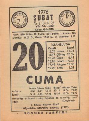 20 Şubat 1976 Takvim Yaprağı EFM(N)5286 - 1