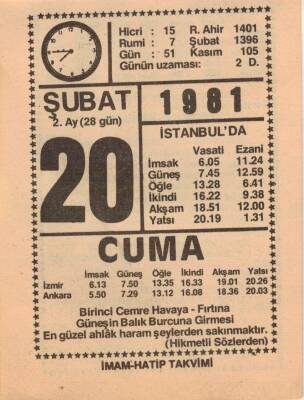 20 Şubat 1981 Takvim Yaprağı EFM(N)5427 - 1