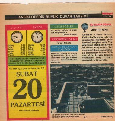 20 Şubat 1984 Takvim Yaprağı EFM(N)5174 - 1