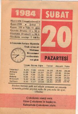 20 Şubat 1984 Takvim Yaprağı EFM(N)5343 - 1