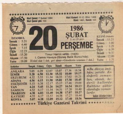 20 Şubat 1986 Takvim Yaprağı EFM(N)5231 - 1