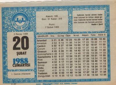 20 Şubat 1988 Takvim Yaprağı EFM(N)5510 - 1