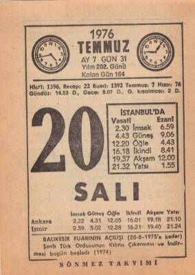 20 Temmuz 1976 Takvim Yaprağı EFM(N)2068 - 3