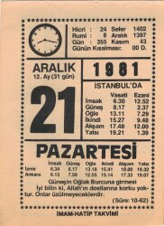 21 Aralık 1981 Takvim Yaprağı EFM(N)4426 - 3