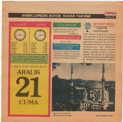 21 Aralık 1984 Takvim Yaprağı EFM(N)4087 - 3