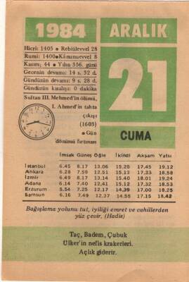 21 Aralık 1984 Takvim Yaprağı EFM(N)4180 - 3