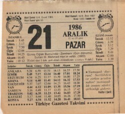 21 Aralık 1986 Takvim Yaprağı EFM(N)4333 - 3