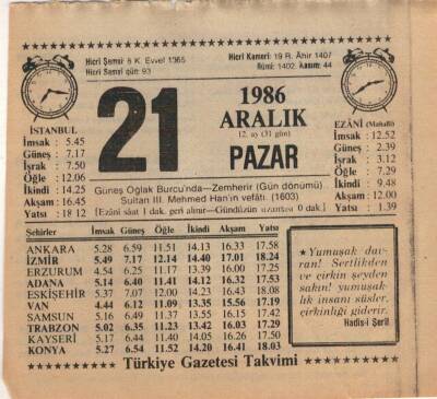 21 Aralık 1986 Takvim Yaprağı EFM(N)4333 - 1