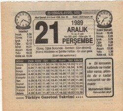 21 Aralık 1989 Takvim Yaprağı EFM(N)4211 - 3