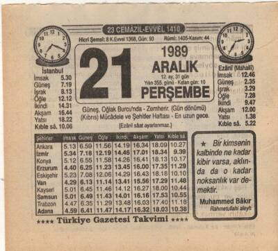 21 Aralık 1989 Takvim Yaprağı EFM(N)4211 - 2