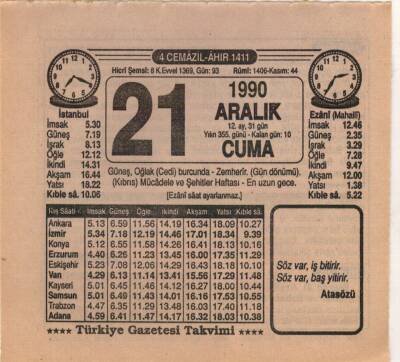 21 Aralık 1990 Takvim Yaprağı EFM(N)4149 - 3