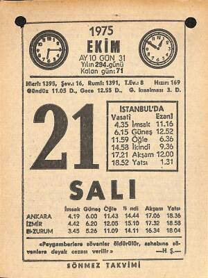 21 Ekim 1975 Takvim Yaprağı - Doğum Günü Hediyesi EFM(N)12553 - 1