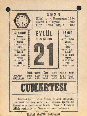 21 Eylül 1974 Takvim Yaprağı - Doğum Günü Hediyesi EFM(N)12352 - 1