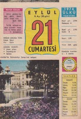 21 Eylül 1974 Takvim Yaprağı -Doğum Günü Hediyesi EFM(N)6391 - 1