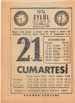 21 Eylül 1974 Takvim Yaprağı EFM(N)2808 - 2