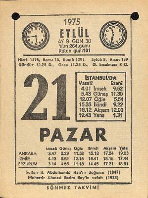 21 Eylül 1975 Takvim Yaprağı - Doğum Günü Hediyesi EFM(N)12525 - 1