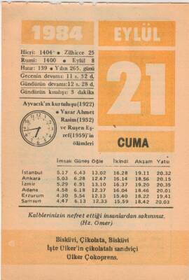 21 Eylül 1984 Takvim Yaprağı EFM(N)2791 - 3