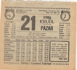 21 Eylül 1986 Takvim Yaprağı EFM(N)2842 - 4