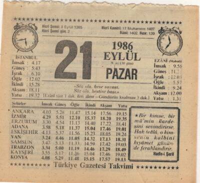 21 Eylül 1986 Takvim Yaprağı EFM(N)2842 - 1