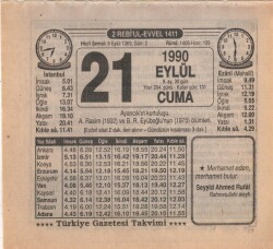 21 Eylül 1990 Takvim Yaprağı EFM(N)2876 - 3