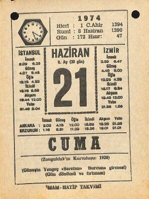 21 Haziran 1974 Takvim Yaprağı - Doğum Günü Hediyesi EFM(N)11954 - 1