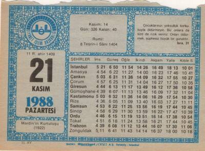 21 Kasım 1988 Takvim Yaprağı EFM(N)3451 - 3