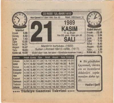 21 Kasım 1989 Takvim Yaprağı EFM(N)3481 - 3