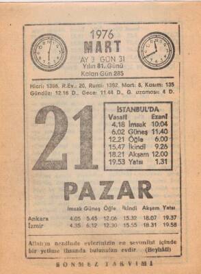 21 Mart 1976 Takvim Yaprağı EFM(N)5962 - 3