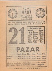 21 Mart 1976 Takvim Yaprağı EFM(N)5962 - 2