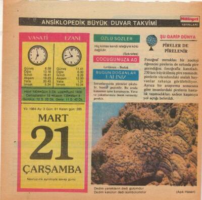 21 Mart 1984 Takvim Yaprağı EFM(N)5807 - 3