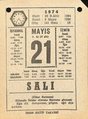 21 Mayıs 1974 Takvim Yaprağı - Doğum Günü Hediyesi EFM(N)11983 - 1