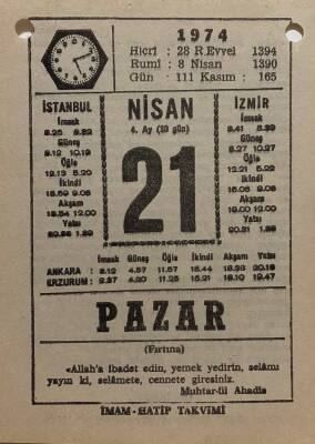 21 Nisan 1974 Takvim Yaprağı - Doğum Günü Hediyesi EFM(N)8178 - 2