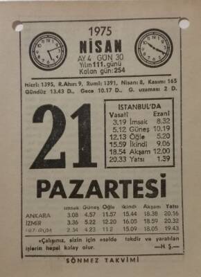 21 Nisan 1975 Takvim Yaprağı - Doğum Günü Hediyesi EFM(N)8148 - 2