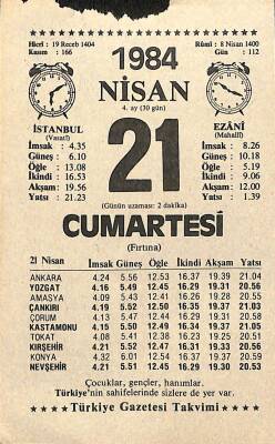 21 Nisan 1984 Takvim Yaprağı - Doğum Günü Hediyesi EFM(N)11205 - 1