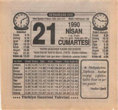 21 Nisan 1990 Takvim Yaprağı EFM(N)6174 - 1