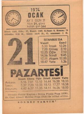 21 Ocak 1974 Takvim Yaprağı EFM(N)4884 - 1