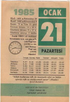 21 Ocak 1985 Takvim Yaprağı EFM(N)4791 - 1