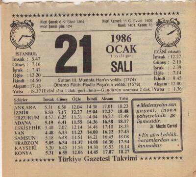 21 Ocak 1986 Takvim Yaprağı EFM(N)5039 - 1