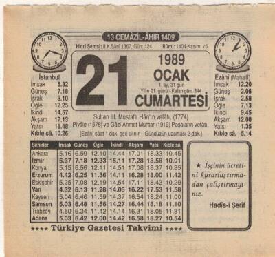 21 Ocak 1989 Takvim Yaprağı EFM(N)4729 - 1