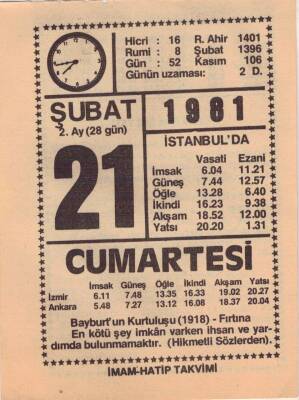 21 Şubat 1981 Takvim Yaprağı EFM(N)5428 - 1